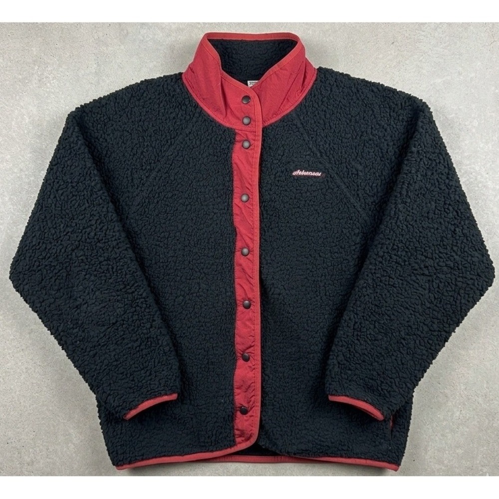 PINK Victoria's Secret Arkansas Fleece Jacket Women XS Black Red Sherpa Snap Up